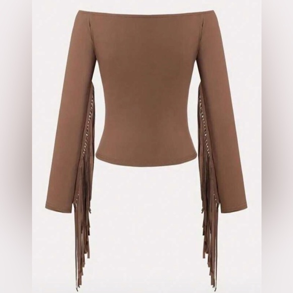 New SHEIN Brown Off-Shoulder Fringe Blouse - Picture 2 of 7